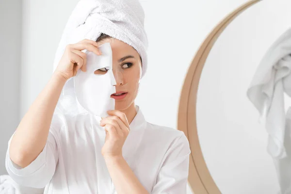 Beautiful Young Asian Woman Sheet Facial Mask Home — Stock Photo, Image