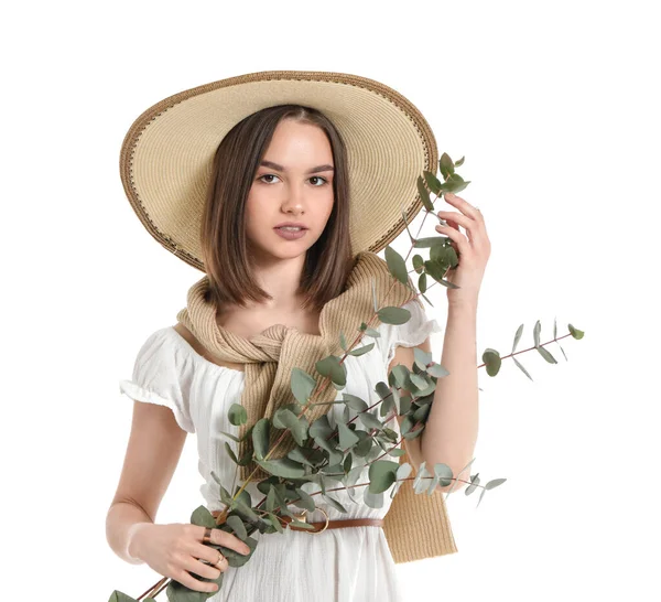 Belle Jeune Femme Avec Des Branches Eucalyptus Sur Fond Blanc — Photo