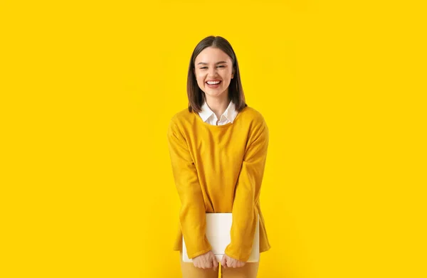 Beautiful Young Woman Laptop Yellow Background — Stock Photo, Image