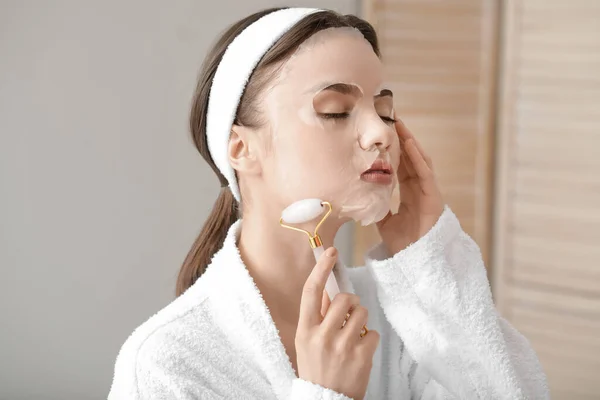 Beautiful Young Woman Sheet Facial Mask Massage Tool Home — Stock Photo, Image