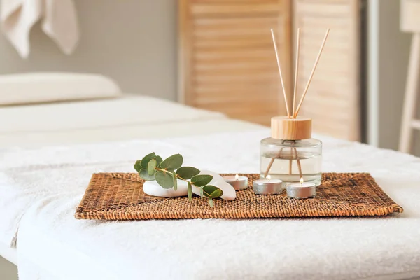 Spa supplies on table in beauty salon