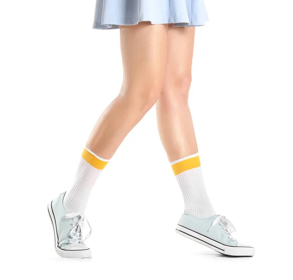 Ноги Красивої Молодої Жінки Шкарпетках Взутті Білому Тлі — стокове фото