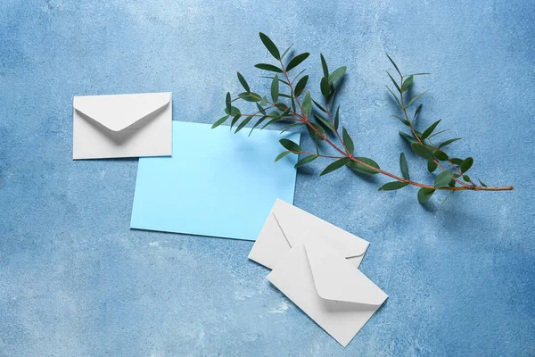 Blank Card Envelopes Plant Branch Blue Background — Stock Photo, Image