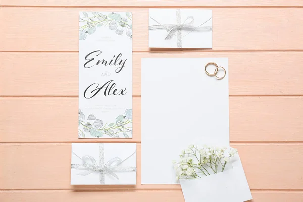 Cards Text Emily Alex Envelopes Wedding Rings Pink Wooden Background — Stock Photo, Image