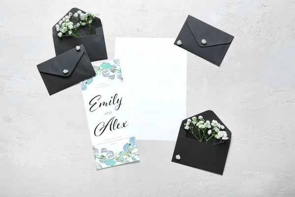 Carte Avec Texte Emily Alex Enveloppes Fleurs Sur Fond Clair — Photo