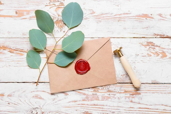 Envelope Plant Branch Stamp White Wooden Background — Stock Photo, Image