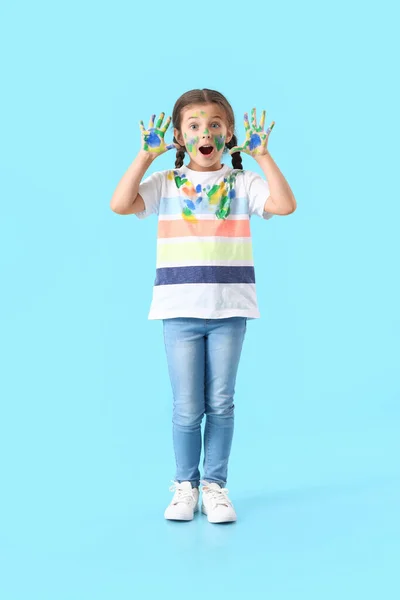 Surprised Little Girl Paint Blue Background — Stock Photo, Image