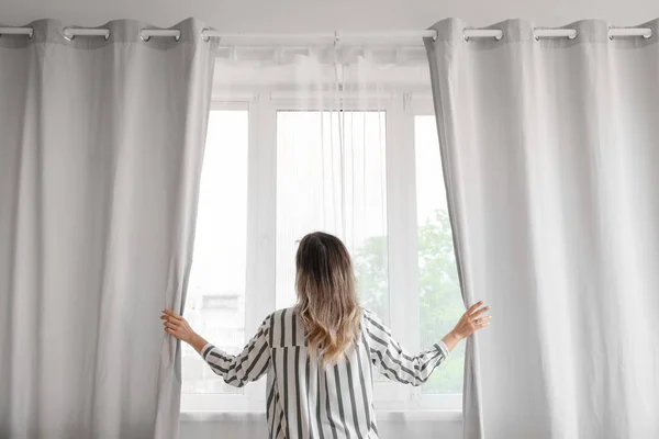 Woman Opening Light Curtains Morning Home — Stock Photo, Image