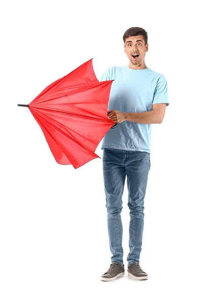 Surprised Young Man Umbrella White Background — Stock Photo, Image