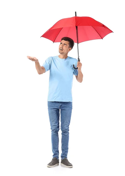 Joven Disgustado Con Paraguas Sobre Fondo Blanco — Foto de Stock