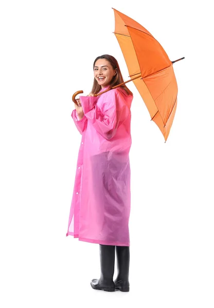 美しいです若いです女性とともに傘上の白い背景 — ストック写真