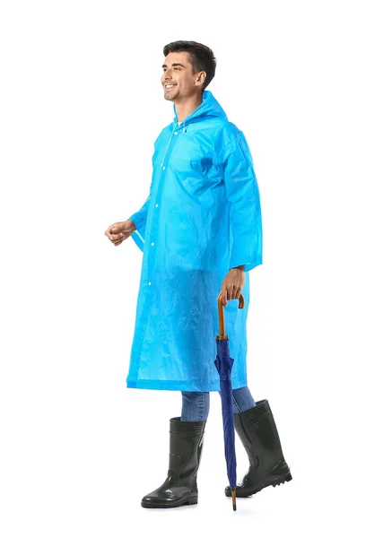Schöner Junger Mann Mit Regenschirm Auf Weißem Hintergrund — Stockfoto