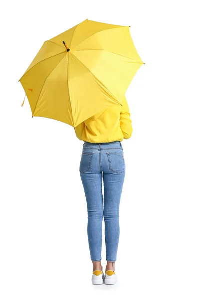 Beautiful Young Woman Umbrella Grey Background — Stock Photo, Image