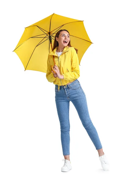 Schöne Junge Frau Mit Regenschirm Auf Grauem Hintergrund — Stockfoto