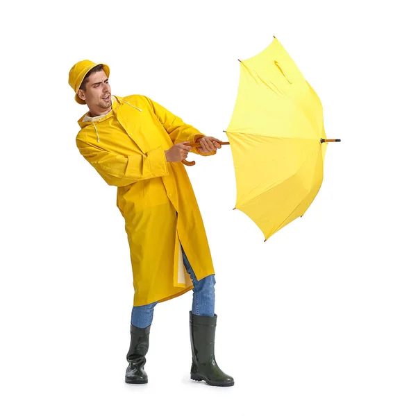 Jóképű Fiatalember Esernyővel Szürke Háttér — Stock Fotó
