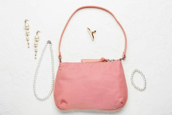 Stylish Handbag Jewelry White Background — Stock Photo, Image