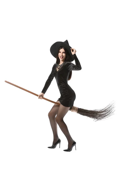 Young Witch Broom White Background — Stock Photo, Image