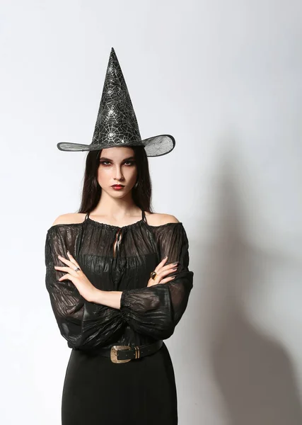 Beautiful Woman Dressed Witch Halloween Party Light Background — Stock Photo, Image