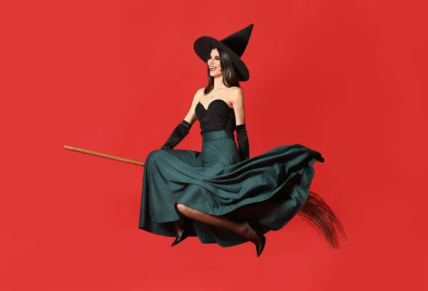 Young Witch Broom Color Background — Stock Photo, Image