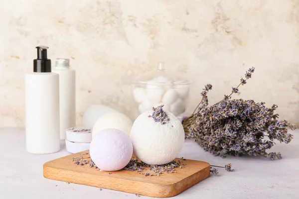 Lavender Bath Bombs Flowers Cosmetics Light Background — Stock Photo, Image