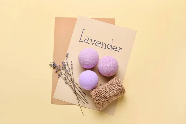 Bath Bombs Flowers Sponge Sheet Paper Word Lavender Color Background — Stock Photo, Image