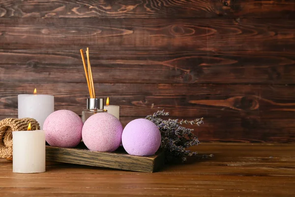 Beautiful Spa Composition Bath Bombs Burning Candles Lavender Flowers Wooden — Stock Photo, Image