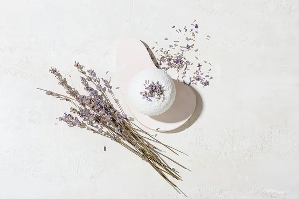 Composition Bath Bomb Lavender Flowers Light Background — Stock Photo, Image
