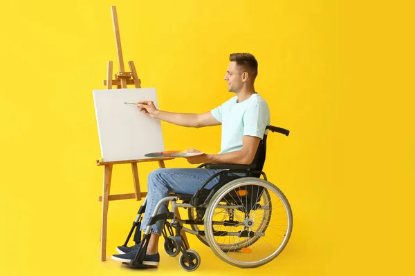 Young Male Artist Wheelchair Painting Picture Color Background — Stock Photo, Image
