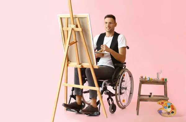 Young Male Artist Wheelchair Painting Picture Color Background — Stock Photo, Image