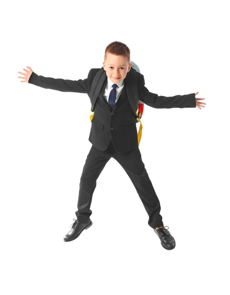 Jumping Little Schoolboy White Background — Stock Photo, Image