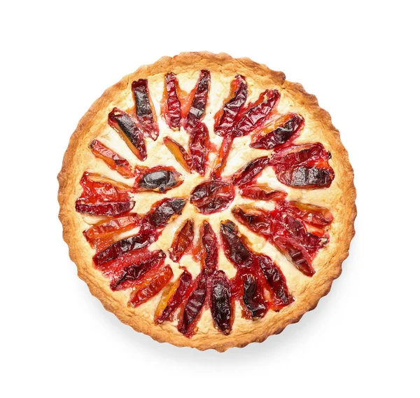 Tarte Aux Prunes Savoureuse Sur Fond Blanc — Photo