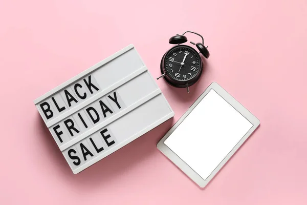Alarm Clock Tablet Computer Board Text Black Friday Sale Color — Stock Photo, Image