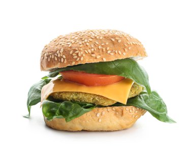 Beyaz arka planda lezzetli vejetaryen burger.