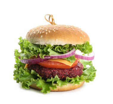 Beyaz arka planda lezzetli vejetaryen burger.