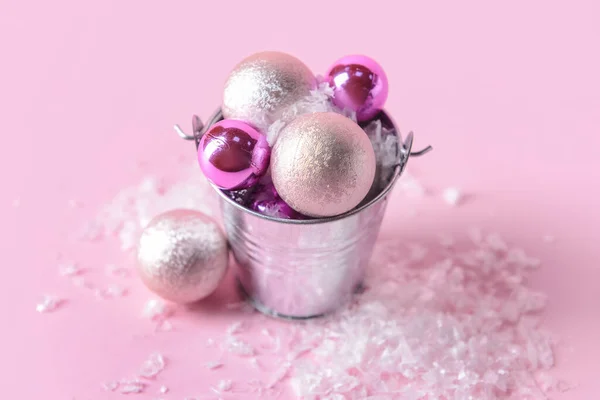 Bucket Christmas Balls Artificial Snow Color Background — Stock Photo, Image