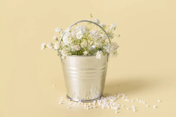Kovový Kbelík Krásnými Květinami Barevném Pozadí — Stock fotografie
