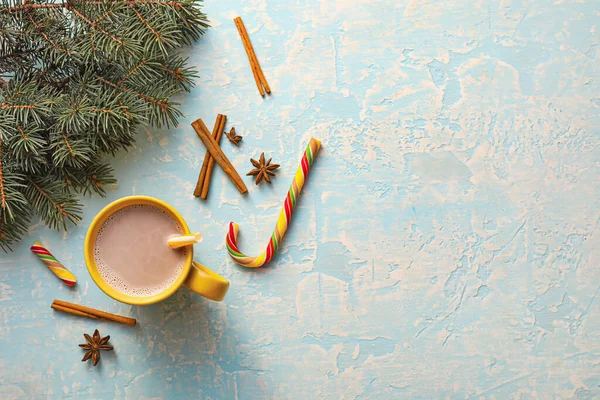 Cup Hot Cocoa Drink Fir Branch Candy Cane Color Background — Stock Photo, Image