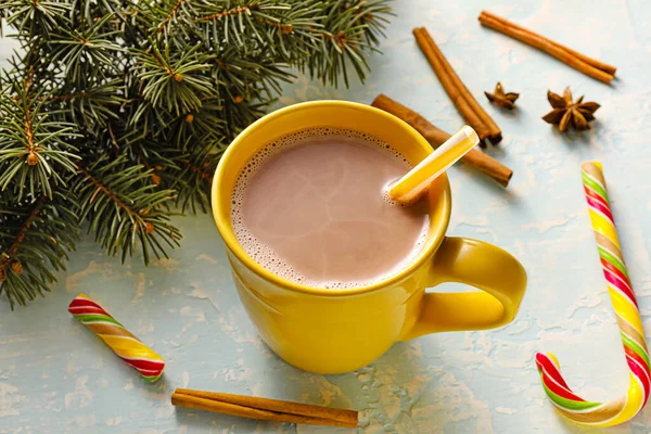 Composition Cup Hot Cocoa Drink Fir Branch Candy Cane Color — Stock Photo, Image