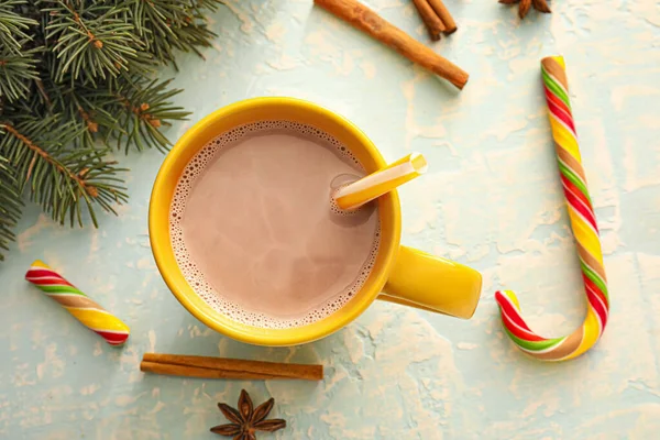 Cup Hot Cocoa Drink Fir Branch Candy Cane Color Background — Stock Photo, Image