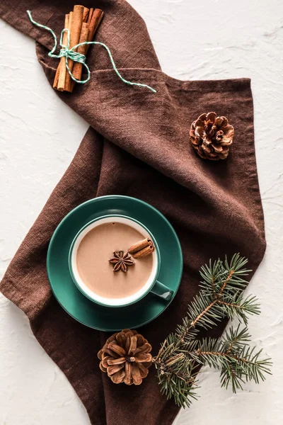 Composition Cup Hot Cocoa Drink Pine Cones Light Background — Stock Photo, Image