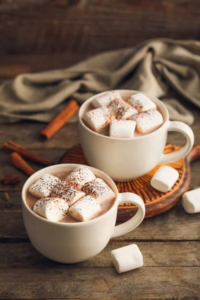 Cups Hot Cocoa Drink Marshmallows Wooden Background — Stock Photo, Image