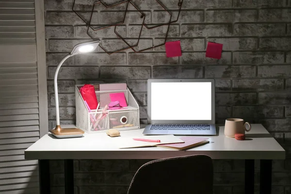 Stylish Workplace Modern Laptop Lamp Evening — Stock Photo, Image