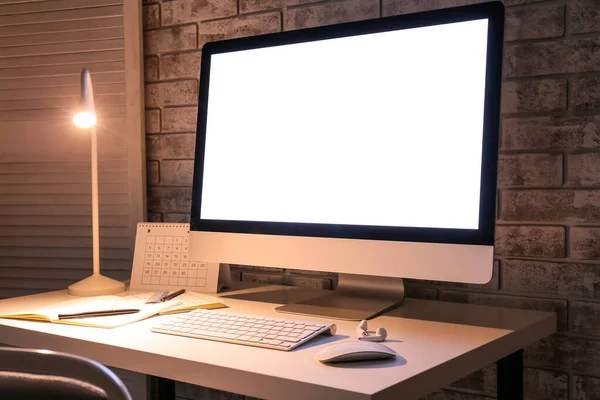 Stylish Workplace Modern Computer Lamp Evening — Stock Photo, Image