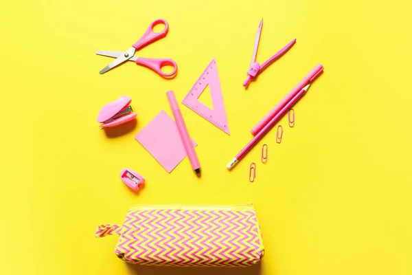 Pencil Case Stationery Yellow Background — Stock Photo, Image