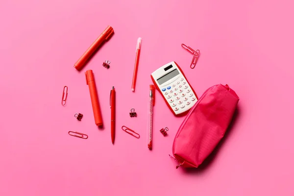 Pencil Case Stationery Calculator Color Background — Stock Photo, Image
