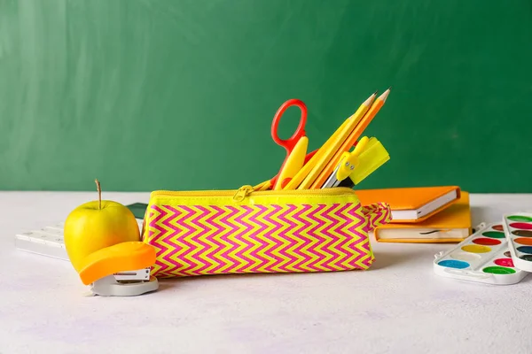 Pencil Case Stationery Paints Apple Table — Stock Photo, Image