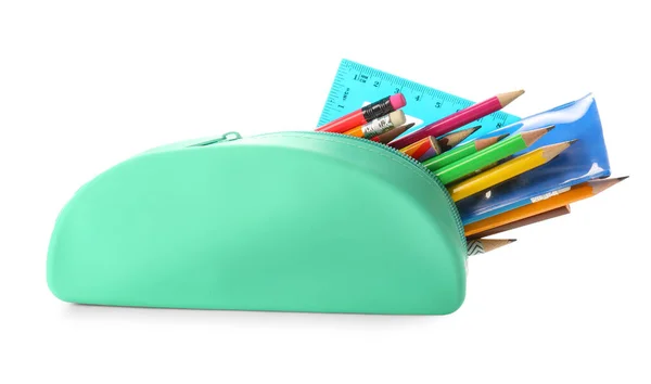 Étui Crayons Élégant Avec Papeterie Sur Fond Blanc — Photo