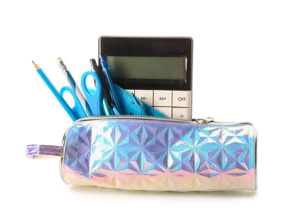 Pencil Case Stationery Calculator Isolated White Background — Stock Photo, Image