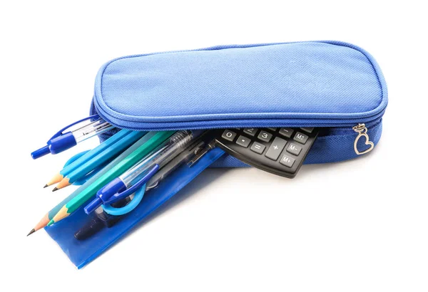 Blue Pencil Case Stationery White Background — Stock Photo, Image