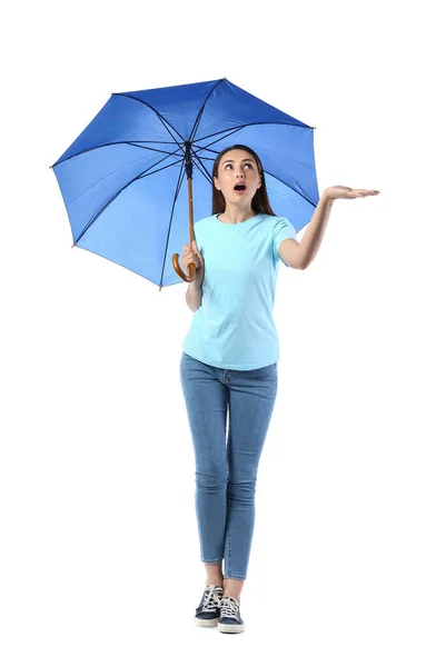 Surprised Young Woman Umbrella White Background — Stock Photo, Image